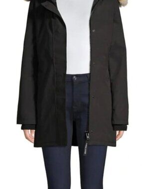 Classic Black Canada Goose Victoria-style parka with fur trim